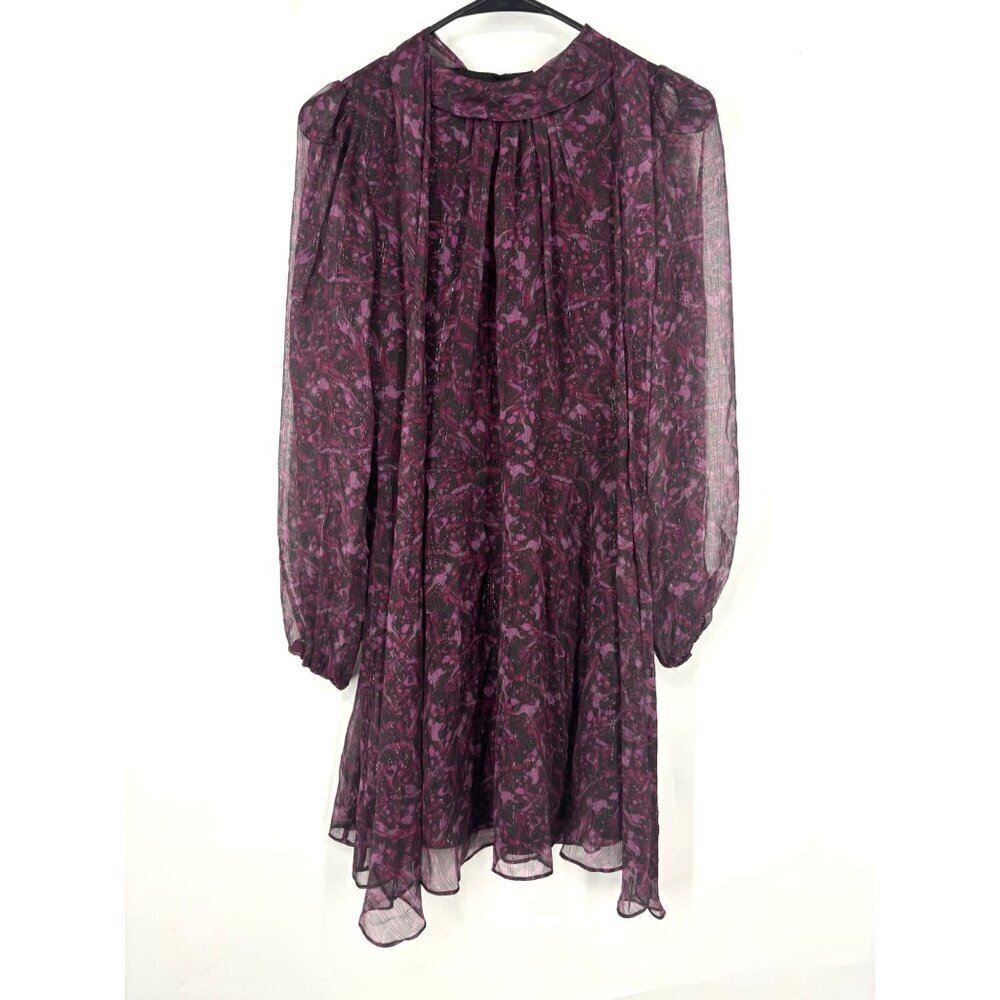 The Westside Silk Ruffle Sleeve Metallic Purple and Black Long Sleeve‎ Dress XS